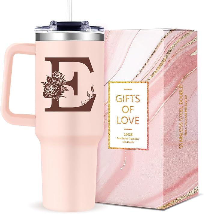 Monogrammed 40oz Tumbler with Handle for Women, Personalized Birthday Gifts for Women,Initial Cups for Woman Pink Letter E,Customized Gifts for Female Lady Gift for Mothers Day Christmas - Bloomnest