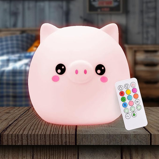 Lumipets Remote Control Silicone Night Light for Kids - Pig Design with 9 Soft Colors & Sleep Timer - Rechargeable, Battery-Operated Lamp for Bedroom | Baby Nursery, Toddler, Girls, Boys - Bloomnest