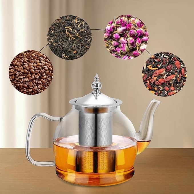 Glass Teapot 40oz/1200ml with Removable Infuser, Borosilicate Clear Tea Kettle, Stovetop Safe Tea Kettle Blooming Loose Leaf Teapots, for Camping, Travel - Bloomnest