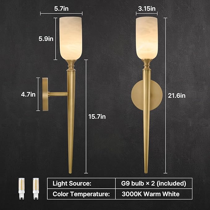 Vintage Alabaster Brass Wall Sconce: Set of 2 Antique Spanish Natural Marble Modern Vanity Wall Lights - 21.6" Long Linear Brushed Gold Sconces - Indoor Sconce for Bathroom Hallway Bedroom Living Room - Bloomnest