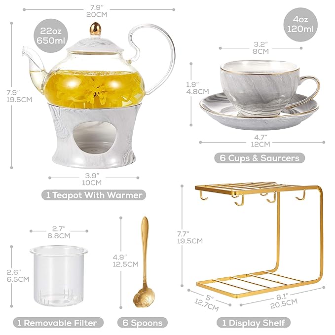 DUJUST 21 pcs Small Tea Set of 6, Gray Marble Texture with Handcraft Golden Trim, Fine Porcelain Tea pot Set for Kids&Adults, 1 Glass Teapot(22oz), 6 Cups(4oz), 6 Saucers, 6 Spoons, 1 Shelf&1 Warmer… - Bloomnest