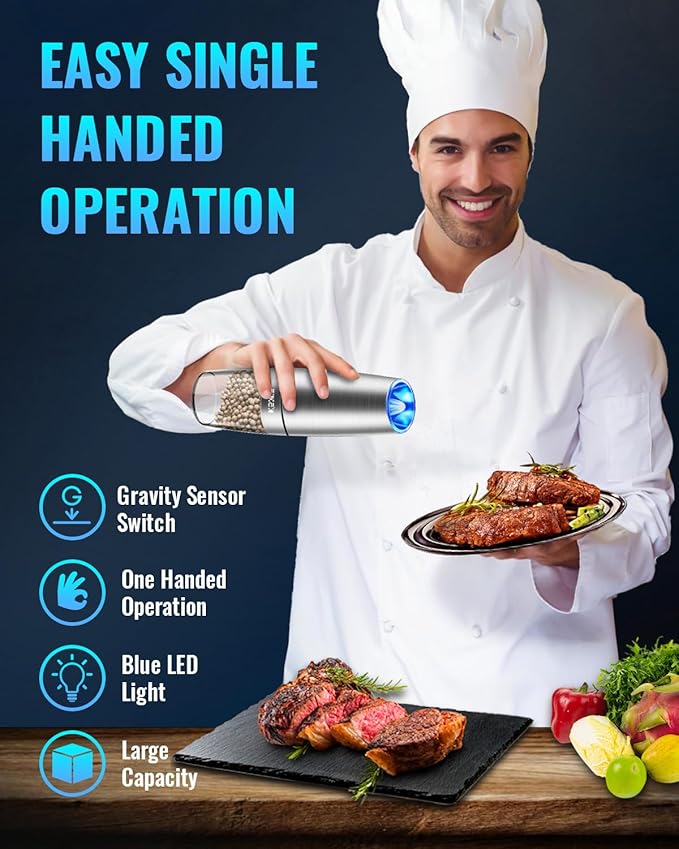 XinXu Gravity Electric Pepper/Salt Grinder, Salt and Pepper Mill & Adjustable Coarseness, Battery Powered with LED Light, One Hand Automatic Operation, Stainless steel - (Single/Silver) - Bloomnest
