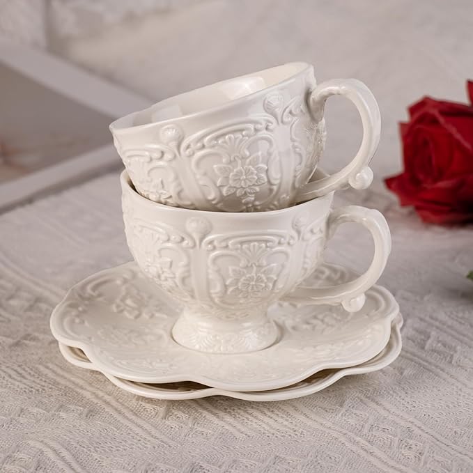 KAMMAK Tea Cups and Saucers Set of 2, Porcelain Coffee Cups, 7.8-Ounce Stackable Espresso Mugs, Ceramic Demitasse for Coffee, Latte, Americano, Tea, Britney - Bloomnest