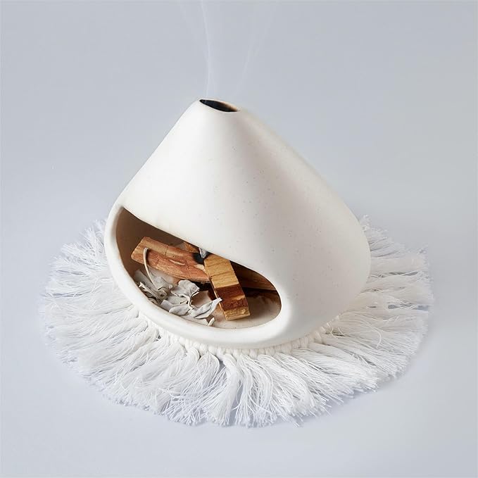 Ceramic Palo Santo Holder Burner,Incense Cone Holder,Mini Chiminea for Palo Santo Sticks and Sage Burner,with Handmade Heat Insulated Mat,Dust Brush,Metal Tweezer. (White) - Bloomnest