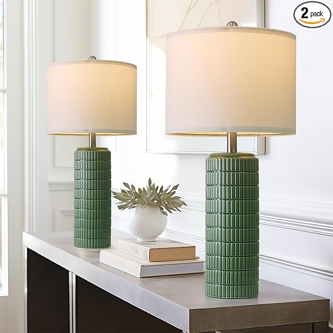 PoKat 27.5" Dark Green Ceramic Table Lamps for Living Room, Farmhouse Table Lamps Set of 2 for Bedroom Night Stands, Modern Bedside Lamps for End Side Table, Vintage Nightstand Decor Lamps Home Office - Bloomnest