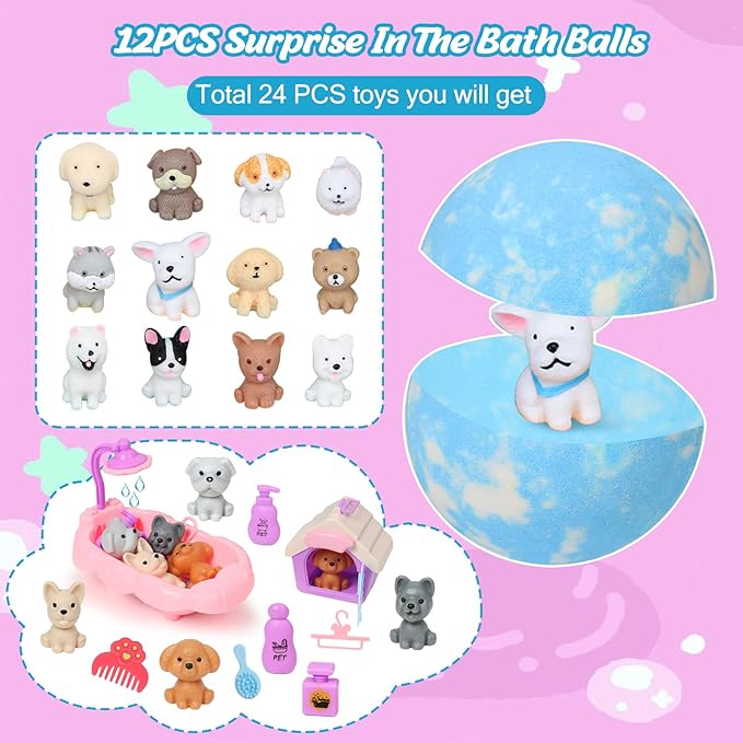 Bath Bombs for Kids with Toys Inside for Girls Boys, 12 Pack Kids Bath Bombs with Surprise Dog Pretend Playset, Handmade Bubble Bath Fizzies Birthday Christmas Gift Set - Bloomnest