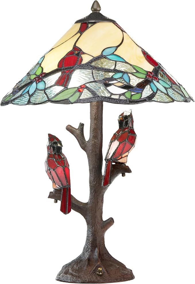 RIVER OF GOODS - Stained Glass Triple Lit Cardinals on Tree Table Lamp - 23.75" in - Table Lamp for Bedroom - Bedside Lamp - Desk Lamps for Home Office - Tiffany Style - Multi Color - Bloomnest