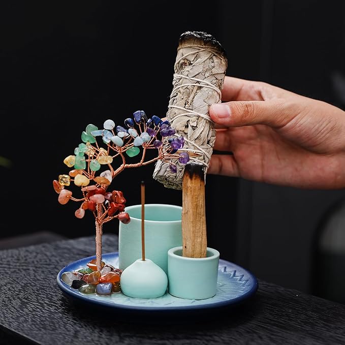5 in 1 Incense Burner Holder with Crystal Tree for Burning Palo Santo Stick, Sage, Incense Sticks, Candle, Ceramic Tray Ash Catcher, Meditation Gift (Sky-Blue) - Bloomnest