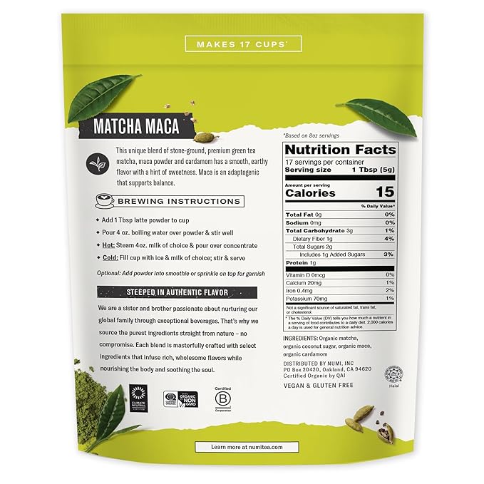 Numi Organic Matcha Maca Latte Powder – Green Tea Matcha Latte Mix with Adaptogens & Antioxidants – Vegan & Gluten Free, 2.5 oz (Makes 17 Cups) - Bloomnest