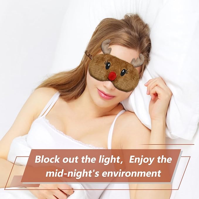 Christmas Reindeer Sleeping Mask Eye Mask Cute Animal Rudolph Sleep Mask Soft Plush Blindfold Funny Eye Cover Eyeshade for Kids Adults Girls Boys Women Men (Reindeer, Brown) - Bloomnest