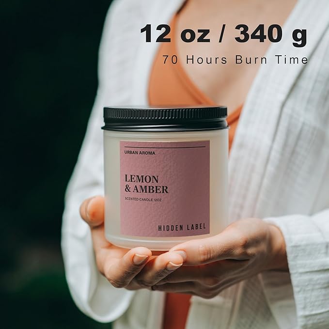 Hidden Label Lemon Amber Scented Candle, 12oz 2 Wick Natural Soy Non Toxic Candles, Clean Burning Long Lasting Aromatherapy for Home | Gifts | Décor,Premium Scents for Relaxation & Stress Relief - Bloomnest