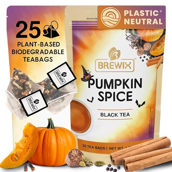 BREWIX, Pumpkin Spice Black Tea Bags (25 Pyramid Bags) | Cozy Fall Blend with Cinnamon, Ginger, Nutmeg & Clove | Caffeinated, Warm & Aromatic | Perfect for Autumn & Halloween - Bloomnest