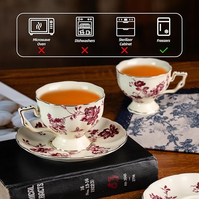 KAMMAK Tea Cups and Saucers Set of 2, Porcelain Coffee Cups, 7-Ounce Stackable Espresso Mugs, Ceramic Demitasse for Coffee, Latte, Americano, Tea, Red Orchid - Bloomnest