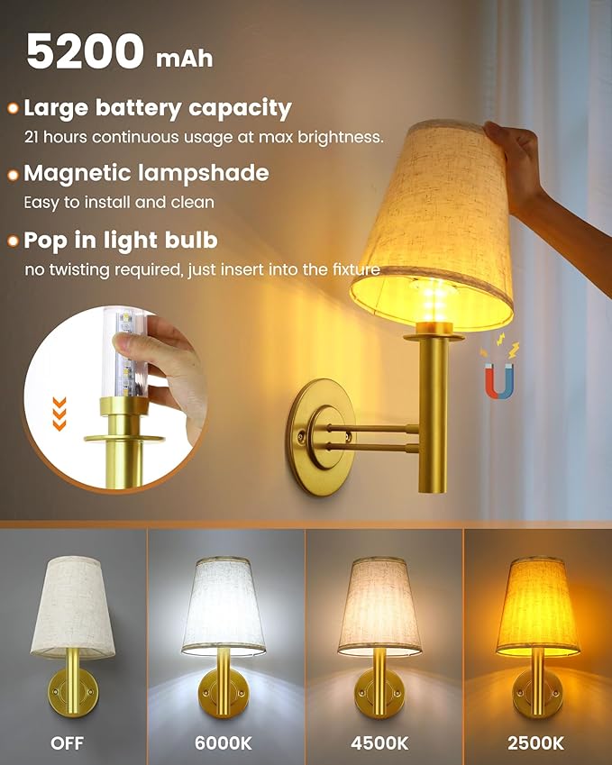 Rechargeable Wall Sconces Gold with Remote Control, 5200mAh Battery Operated Wall Lights, Wireless 16 Colors Timer & Dimmable Battery Wall Lamp for Bedroom, Living Room, Hallway - Bloomnest