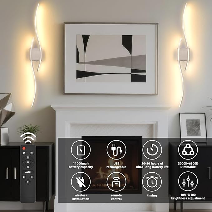Battery Powered Wall Sconces Set of 2, Nickel 39" LED Dimmable Wall Sconce with Remote Control/Timer/Memory, USB Rechargeable Wall Lights for Living Room, Bedroom, Hallway Wireless scones Lighting - Bloomnest
