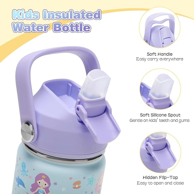 14oz Kids Insulated Water Bottle with Straw Lid - 18/8 Stainless Steel Kid Cup Travel Tumbler Double Wall Vacuum Leak Proof Portable Toddler Water Bottle (Rainbow + Mermaid) - Bloomnest