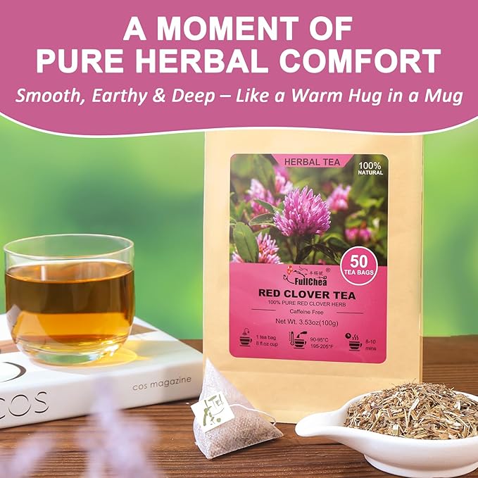 Fullchea - Red Clover Tea Bags, 50 Teabags - Pure Red Clover Herb - Non-GMO - Caffeine-Free - Rich in Antioxidants & Supports Wellness - Bloomnest
