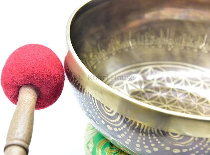 9 Inch Fine Etching Handmade Singing Bowl Yoga Meditation, with cushions and Mallet, Real Sandmade Singing Bowl from Nepal, healing bowls - Bloomnest
