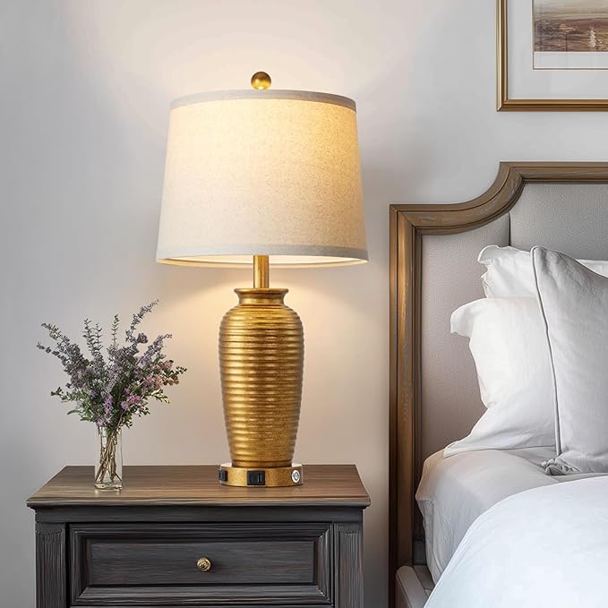 25" Retro Gold Farmhouse Jar Table Lamps Set of 2, 3 Way Touch Control Rustic Bedside Lamps with USB A+C Ports & AC Outlet, Pot Nightstand Lamps for Bedroom Living Room (LED Bulbs Included) - Bloomnest