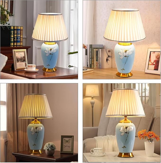 Blue Ceramic Table Lamp with White Fabric Lamp Shade Vintage Lamps with Flower and Bird Patterns，Traditional Home Decor Ceramic Table Lamp for Living Room Bedroom Nightstand Home Office - Bloomnest