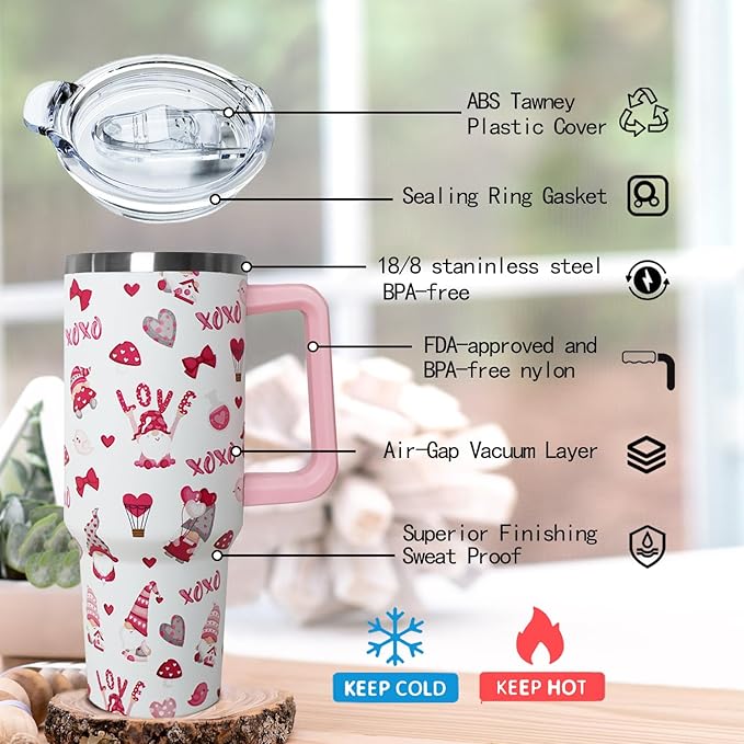 Ceovfoi Gnome Love 40 Oz Valentine Tumbler With Handle, Valentine's Gifts for Wife, Girlfriend, Bride - Bloomnest