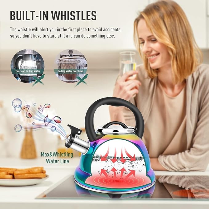 Tea Kettle, Kettle 3.7QT, Tea Pot Whistling 316 Stainless Steel, Tea Kettle Stovetop with Cool Folding Handle, Kettle Teapot Rainbow Induction for Boiling Water, Mirror Finish - Bloomnest