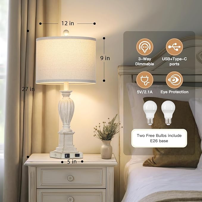 27" Farmhouse Table Lamps Set of 2 with USB C+A Ports & AC Outlet for Vintage Living Room Retro Bedroom,3-Way Dimmable Touch Lamp Resin Bedside Lamps for Nightstand Side End Table,Cream - Bloomnest