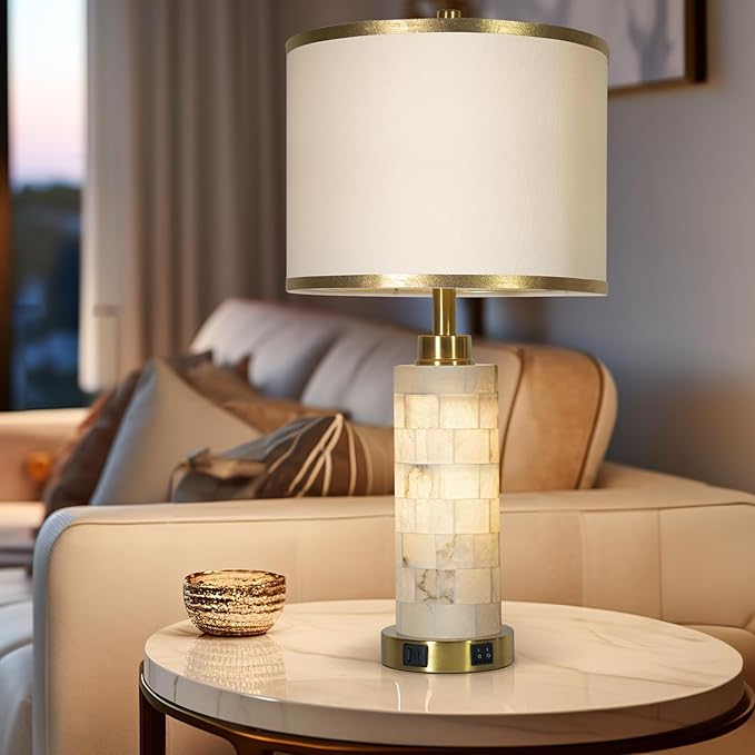 27" Natural Alabaster Table Lamps Set of 2, Lamps for Living Room Bedroom,Bedside Lamps with Night Light,Nightstand Lamp with USB A+C Ports,Modern Table Lamp with Linen Shade (Bulbs Included) - Bloomnest
