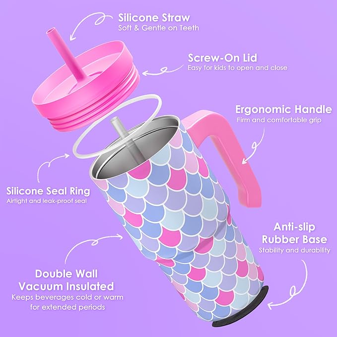 Mermaid Tumbler 20oz with Handle and Silicone Straw Lid for Kid, Insulated Stainless Steel Cup with Mermaid Scales, Gift for Kids Girls, Gifts Idea for Birthday Christmas Back to School - Bloomnest