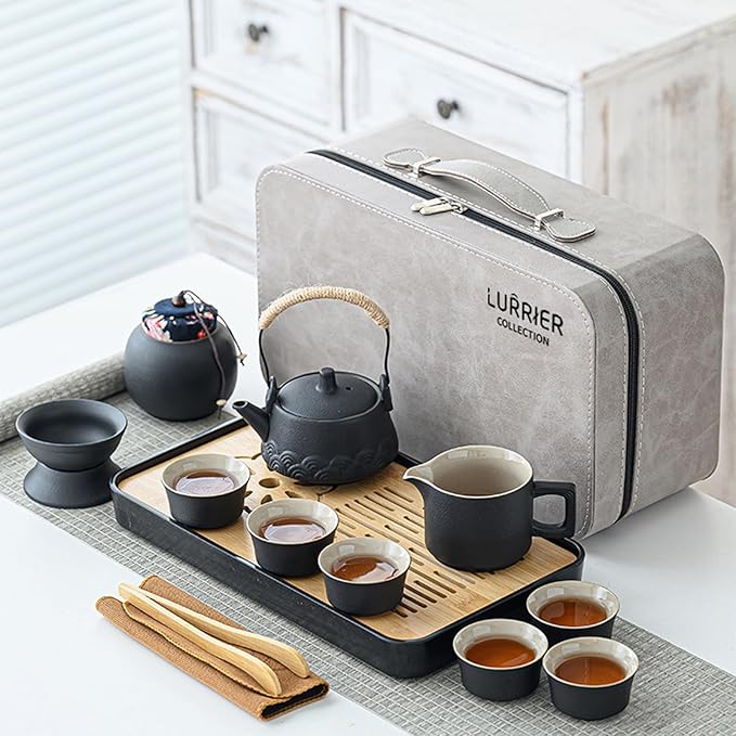 LURRIER Gongfu tea sets, Portable Ceramic TeaSet, Asian Tea sets for adult, Tea Gift sets, Grey leather case, Portable Travel Bag,Home,Gifting,Outdoor and Office(Black) - Bloomnest