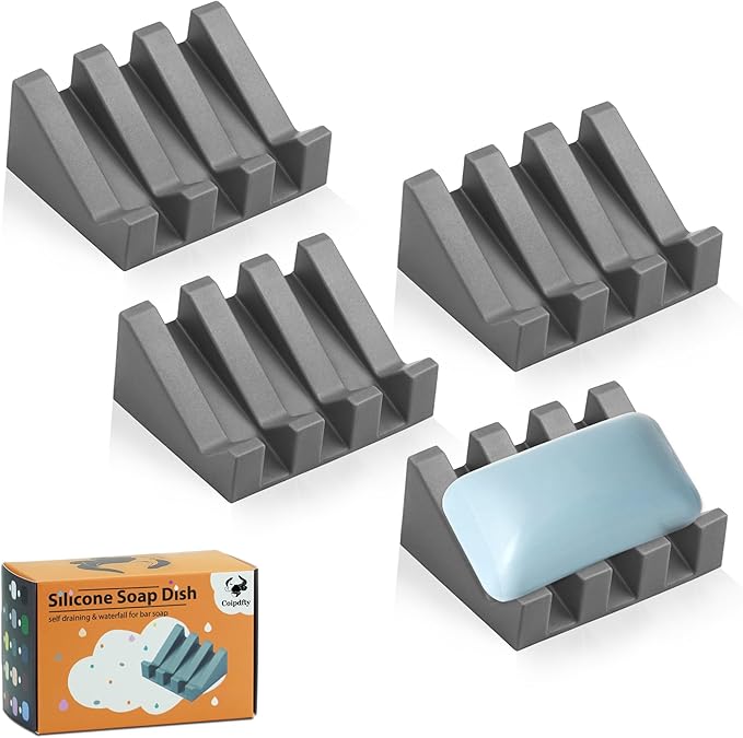 Self Draining Soap Dish Holder,Silicone Soap Dish,for Bathroom,Kitchen, Sponges，Can Extend Soap Life，Keep Soap Bars Dry and Easy Cleaning (Grey,4-Pack) - Bloomnest