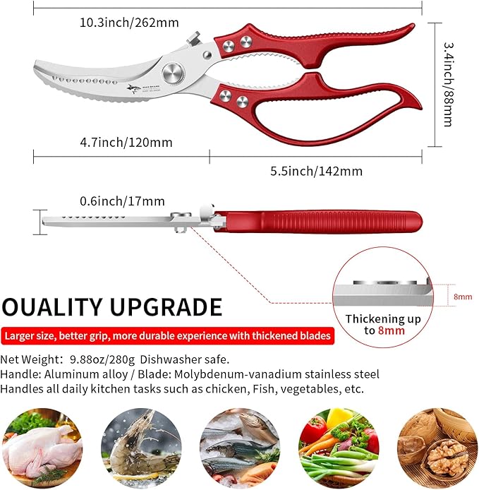 MAD SHARK Professional Heavy Duty Poultry Shears - Kitchen Shears for Spatchcocking Chicken and Meat Cutting, Multi-Purpose Kitchen Scissors for Food, Spring-loaded (Red) - Bloomnest