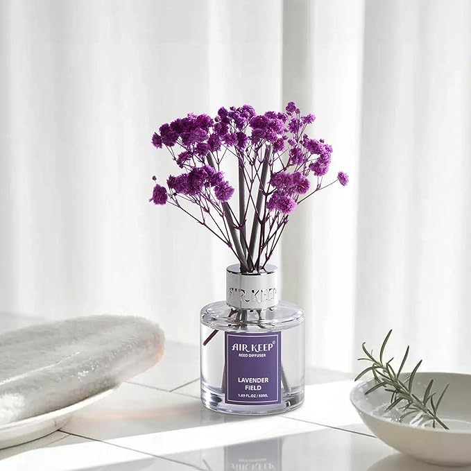 Airkeep Reed Diffuser Set,1.69 fl oz (50 ml) - Lavender Field Oil Diffusers with 8 Reed Sticks,Home Fragrance Reed Diffuser for Bathroom Shelf Decor - Bloomnest