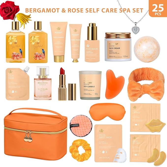 25 Pcs Valentines Day Gifts for Women, Bergamot & Rose Bath & Body Gift Set, Hydrating Skin Care Kit, Pamper Self Care Gifts, Leather Bag, Serum, Necklace, Christmas, Birthday, Mothers Day - Bloomnest