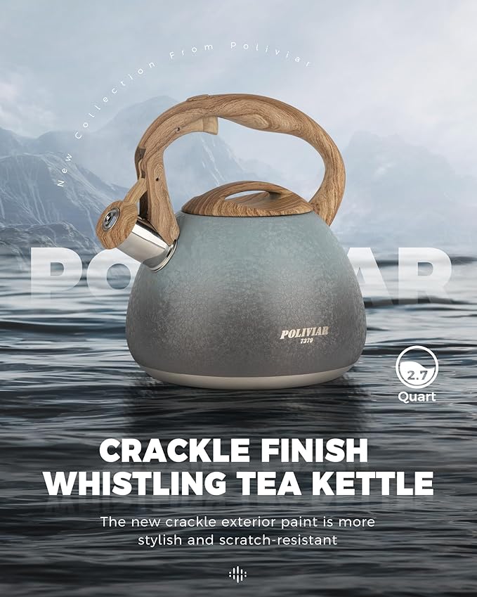 POLIVIAR Tea Kettle, 2.7 Quart Stovetop Tea Kettle, Audible Whistling Teapot with Crackle Finish, Food Grade Stainless Steel for Anti-Rust, Anti Hot Handle, Suitable for All Heat Sources (JX2023-LYL) - Bloomnest