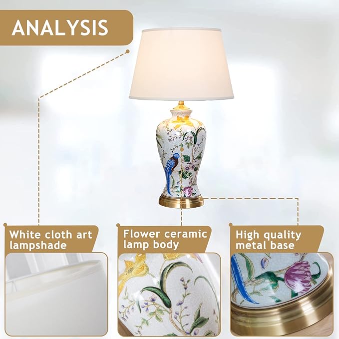 White Flower & Bird Ceramic Table Lamp,Hand-Painted Chinoiserie Lamp, Fabric Lampshade Nightstand Lamp for Bedroom Living Room Office College Bookcase - Bloomnest