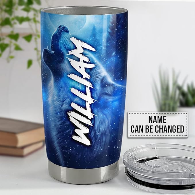 SANDJEST Personalized Wolf Tumbler Moon Phases 20oz 30oz Tumblers with Lid Gift for Men Dad Son Christmas Birthday - Bloomnest