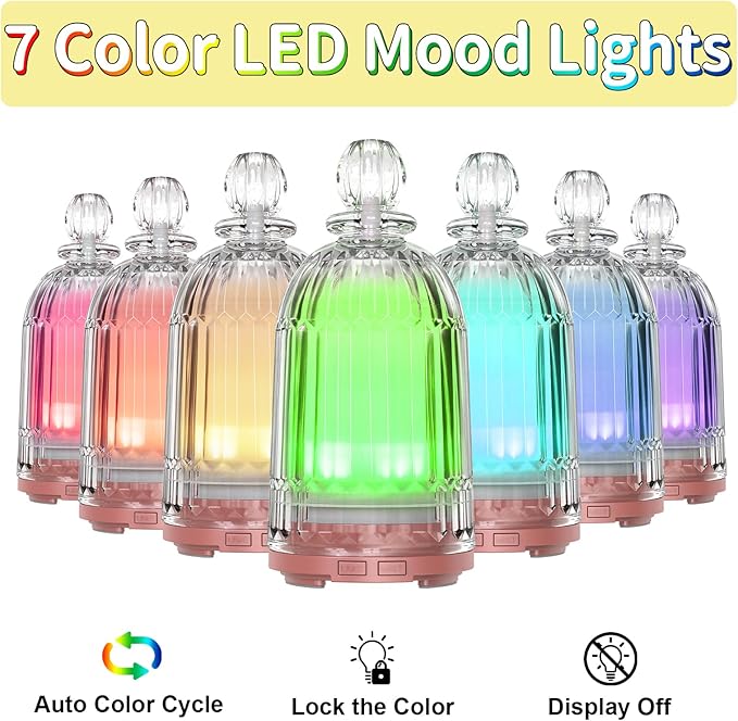 Glass Essential Oil Diffuser, Small Cool Mist Humidifier Glass Cover & Plastic Reservoir with 7 Color LED Lights, Auto Shut-Off for Home, Office, Spa 120ml(Copper Bottom) - Bloomnest