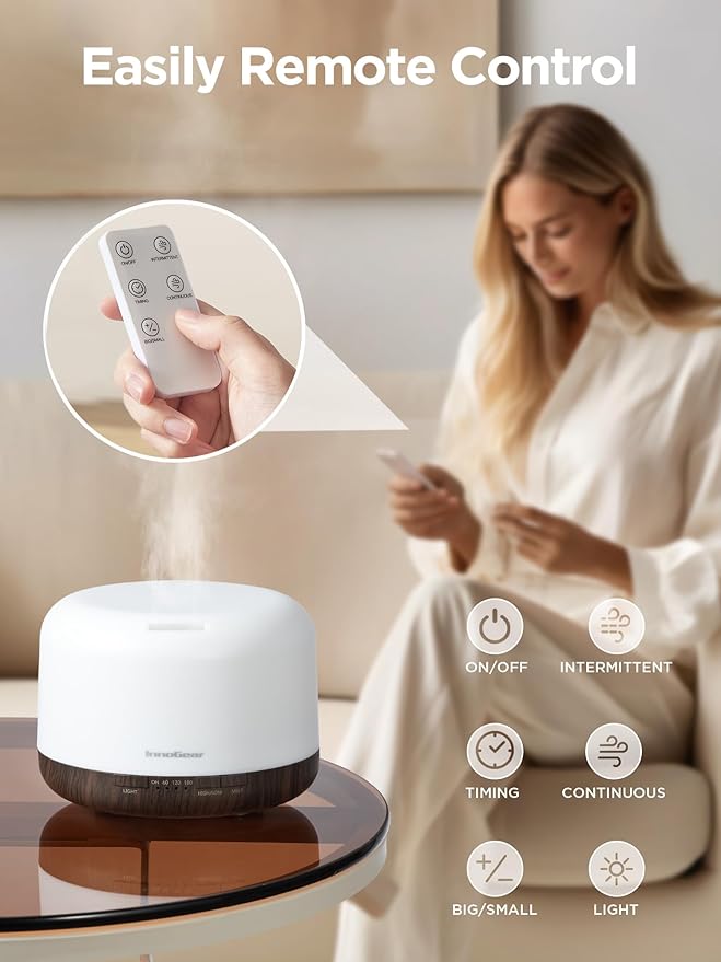 InnoGear 500ml Essential Oil Diffuser with Remote Control, Premium Ultrasonic Aromatherapy Diffusers Scent Humidifier Vaporizer Auto-Off Timer for Large Room Home, Brown - Bloomnest