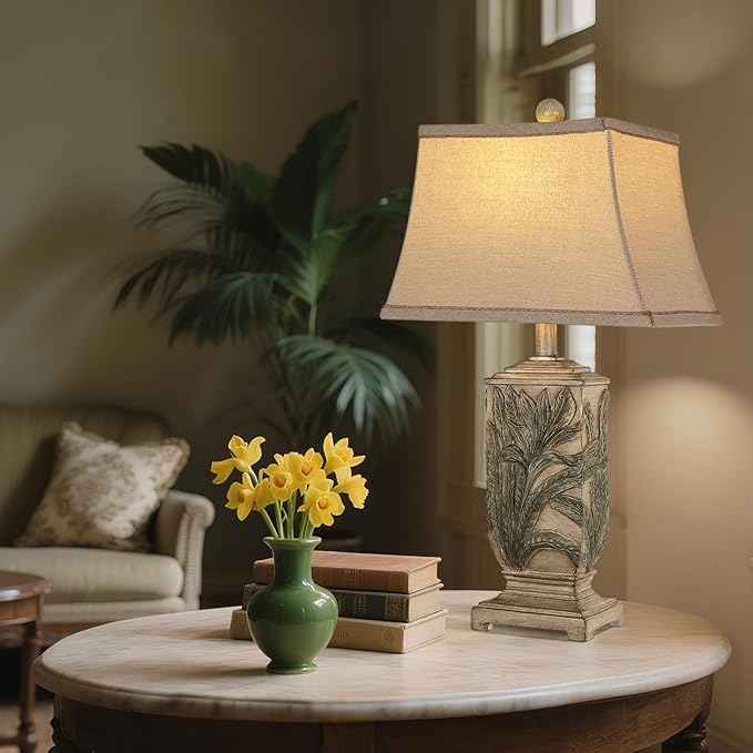 WIHTU 25" Vintage Table Lamps, 3 Color Temperature Rustic Retro Beside Lamp Set of 2, Farmhouse Resin Table Lamp for Living Room Bedroom Nightstands, Rotary Switch, Carved Leaf(2 Bulbs Included) - Bloomnest