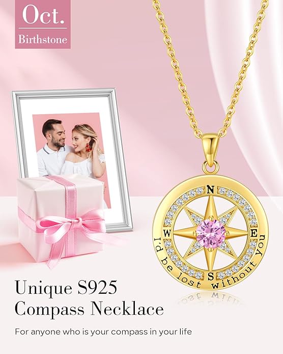 S925 Necklace Gift for Wife |Compass Jewelry |Women Anniversary |Sterling Silver |Girlfriend Birthday Gifts for Her Valentines |I'd be Lost without You |Jewel 18K Gold - Bloomnest