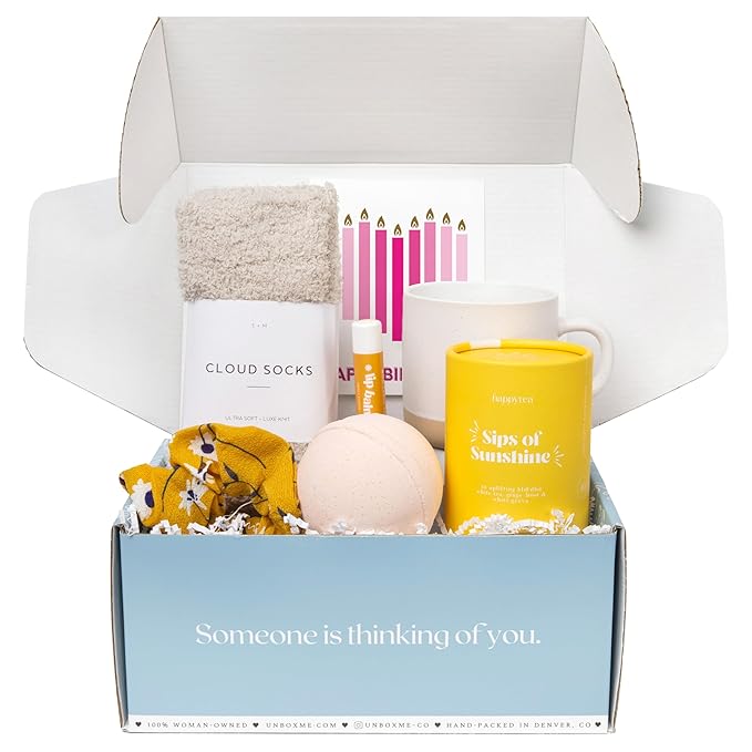 Unboxme Sunshine Gift For Women | Self Care Package with Herbal Tea, Mug, Bath Bomb, Candle, Fluffy Socks, Lip Balm, Sheet Mask, Scrunchie & Happy Birthday Card - Bloomnest