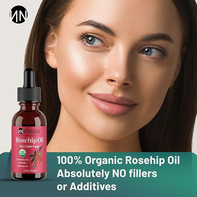 Natnique Organic Rosehip Seed Oil, 1 oz – USDA Certified Cold-Pressed Moisturizer for Face, Skin & Hair – Natural Hydrating Serum for Wrinkles & Fine Lines – Ideal for Gua Sha Massage & Radiant Glow - Bloomnest