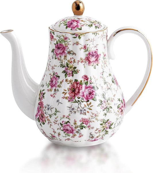 Tea Pot, Porcelain Teapot 37oz,tea pots for tea party,Tea Infuser Pots for Blooming loose Leaf Tea (White with flower)