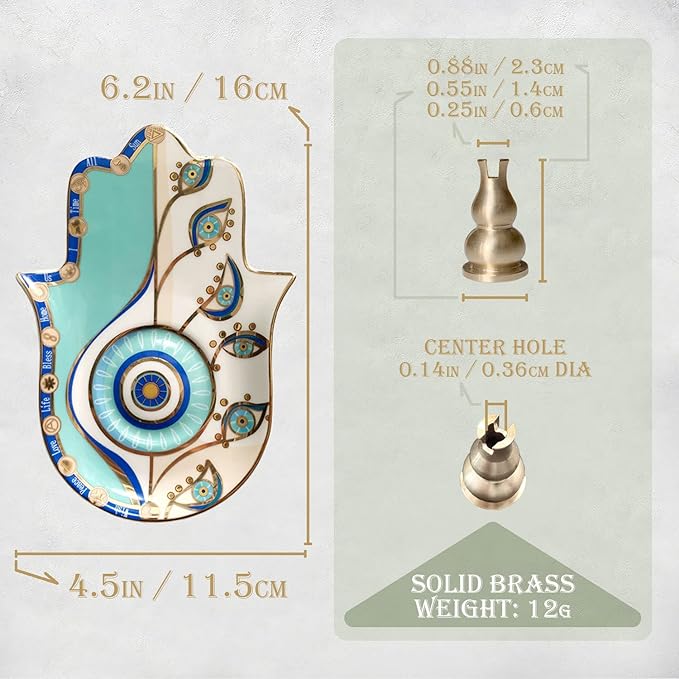 Ceramic Hamsa Hand Incense Holder - 2 in 1 Brass Incense Holder for Sticks and Coil Incense- Zen Decor with Hand of Fatima Design Protection from Evil - 6.2" L X 4.5" W (Blue) - Bloomnest