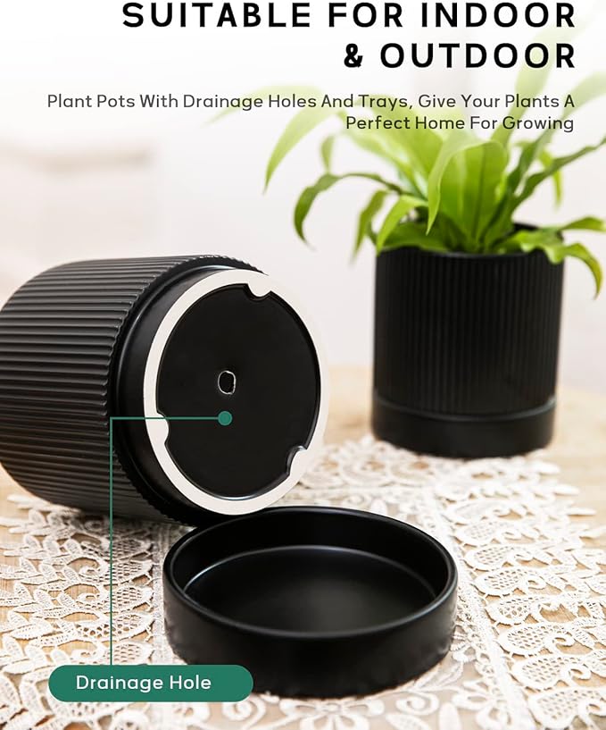 LaDoVita 3 Pack Ceramic Plant Pots 6/5/4 inch, Flowerpot for Indoor Plants with Drainage Holes and Tray, Outdoor Garden Planters, Modern Decorative for Home, Black Vertical Stripes - Bloomnest