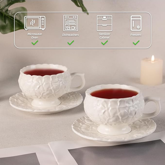 KAMMAK Tea Cups and Saucers Set of 2, Porcelain Coffee Cups, 8.5-Ounce Stackable Espresso Mugs, Ceramic Demitasse for Coffee, Latte, Americano, Tea, White Flower - Bloomnest