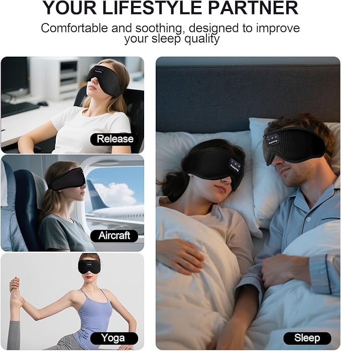 Sleep Headphones, Sleep Mask Bluetooth Wireless Music Eye Mask, Sleeping Mask for Side Sleepers Sleep Mask with 3D Bluetooth Headphones Ultra-Thin Stereo Speakers Perfect for Sleeping (Black) - Bloomnest
