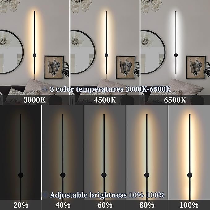 Dimmable Plug in Wall Sconce Set of 2,Black 39.37" LED Wall Light with Remote,Adjustable Color Temperature Brightness,Wall lamp with Timer for Living Room,Bedroom and Accent Lighting - Bloomnest