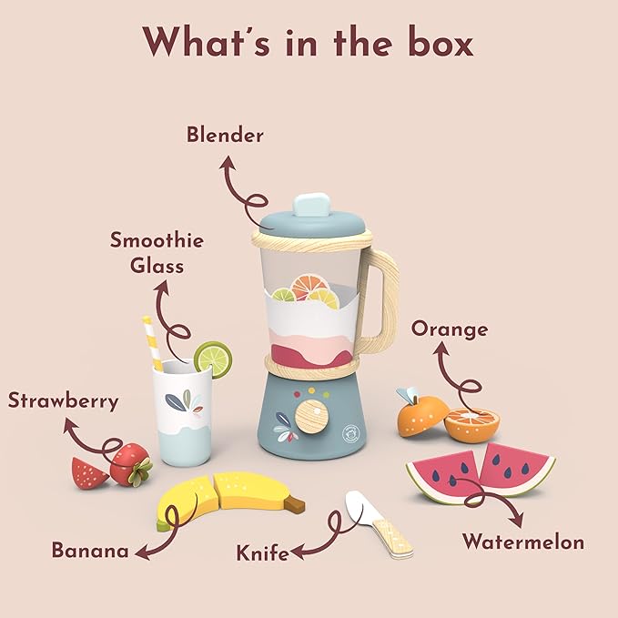 SPEEDY MONKEY Smoothie Maker Blender Set - FSC Wooden Food Blender Toy for Kids, Pretend Play Kitchen Appliance, Role Play Toy Mixer for Toddlers, Fun Fruity Smoothie Playset to Make a Healthy Shake - Bloomnest